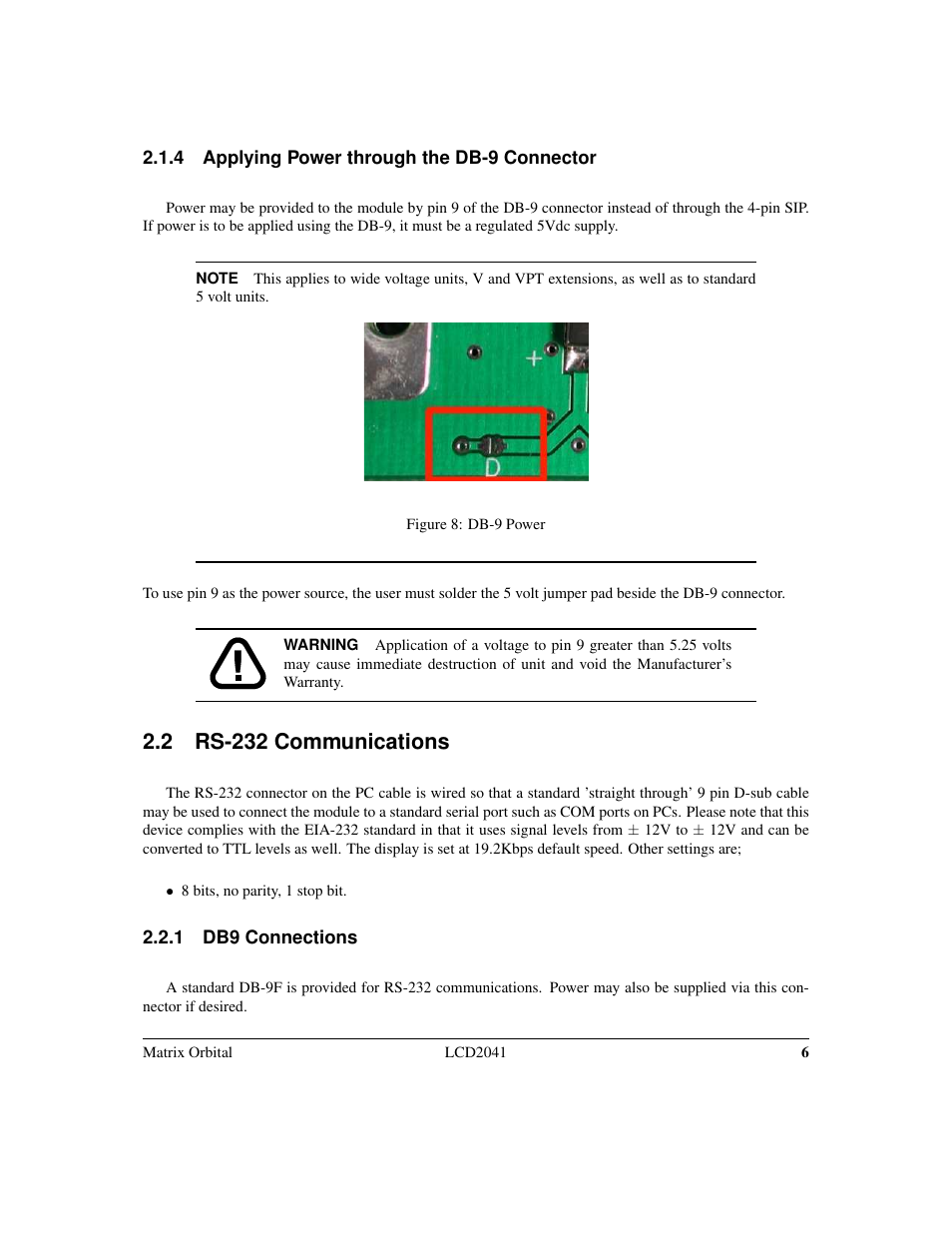 2 rs-232 communications | Matrix Orbital LCD2041 Legacy User Manual | Page 9 / 33