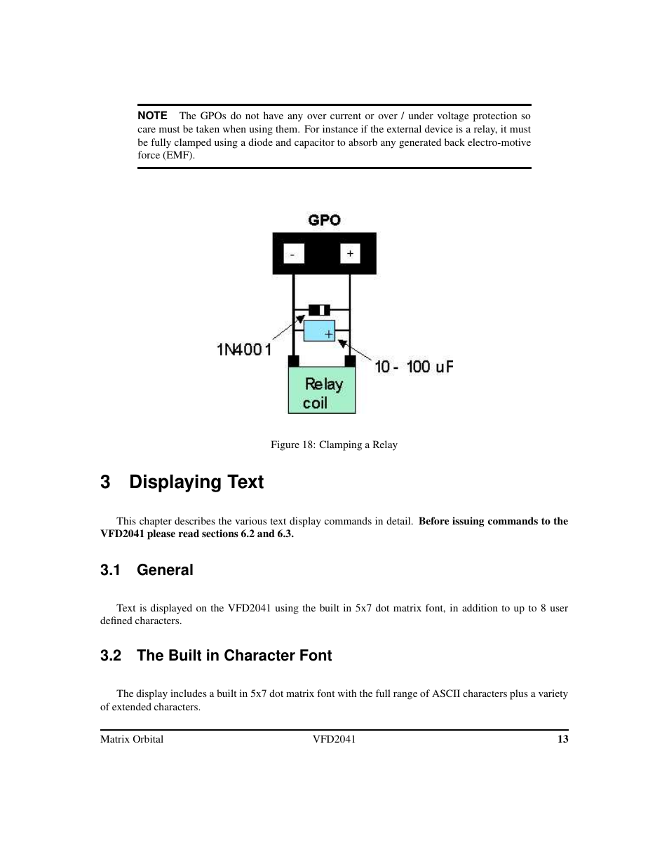 3 displaying text, 1 general, 2 the built in character font | Matrix Orbital VFD2041 Legacy User Manual | Page 16 / 34