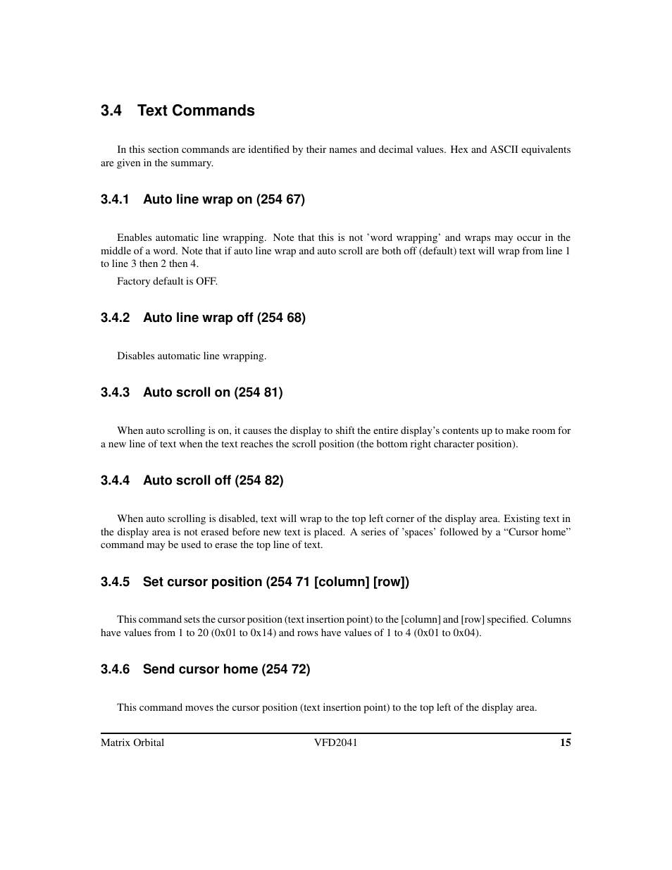 4 text commands | Matrix Orbital VFD2041 Legacy User Manual | Page 18 / 34