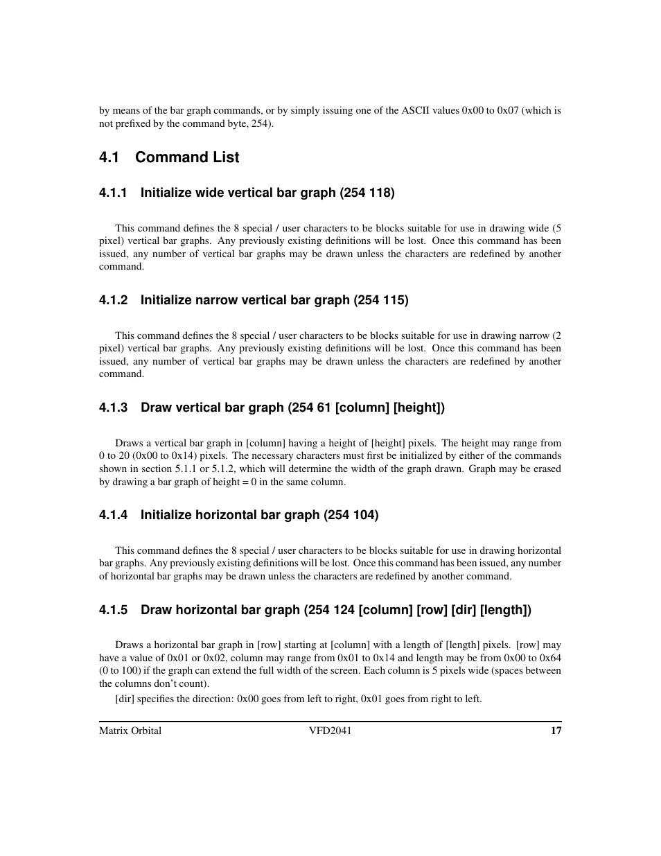 1 command list | Matrix Orbital VFD2041 Legacy User Manual | Page 20 / 34