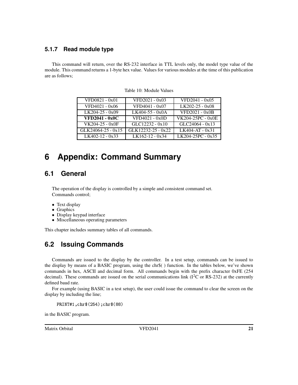 6 appendix: command summary, 1 general, 2 issuing commands | Matrix Orbital VFD2041 Legacy User Manual | Page 24 / 34
