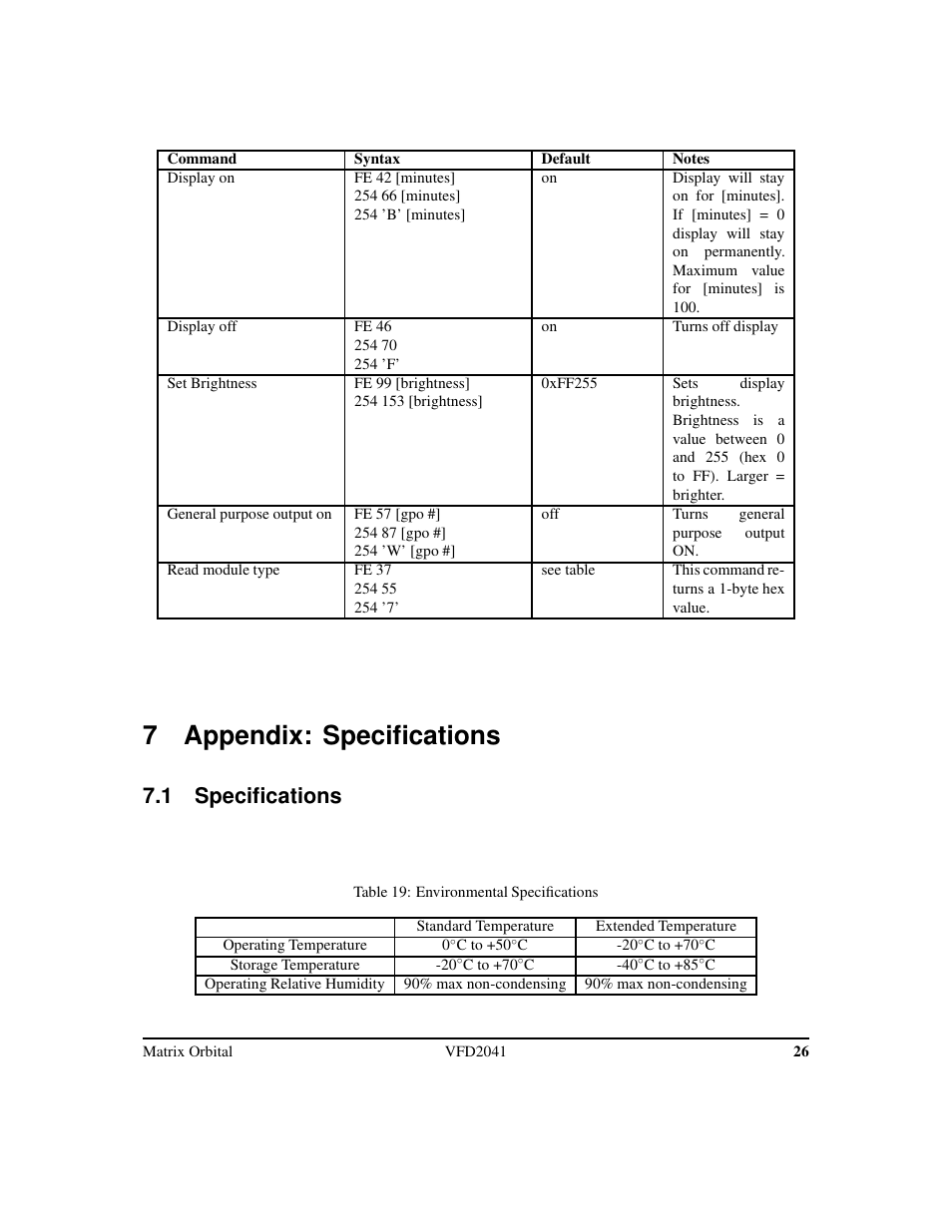 7 appendix: specifications, 1 specifications | Matrix Orbital VFD2041 Legacy User Manual | Page 29 / 34