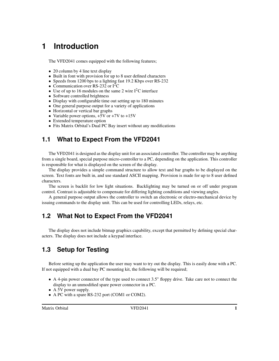 1 introduction, 3 setup for testing | Matrix Orbital VFD2041 Legacy User Manual | Page 4 / 34
