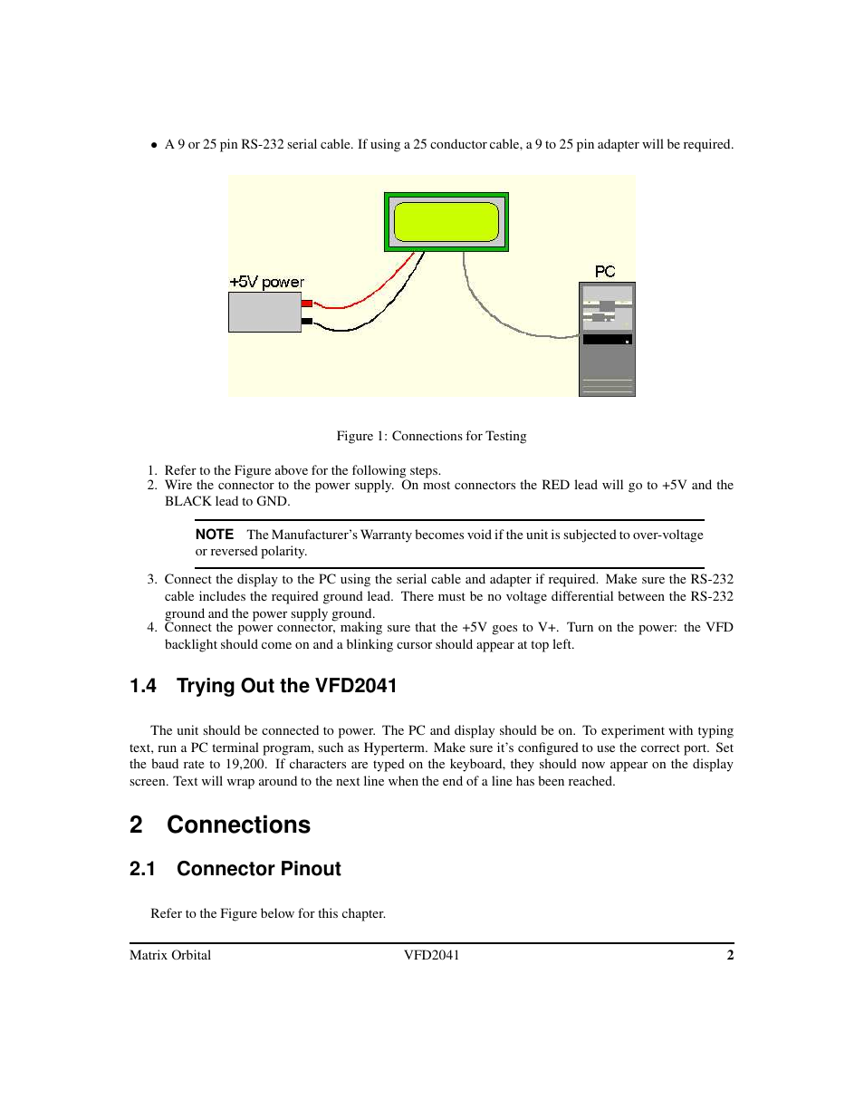 2 connections, 1 connector pinout | Matrix Orbital VFD2041 Legacy User Manual | Page 5 / 34
