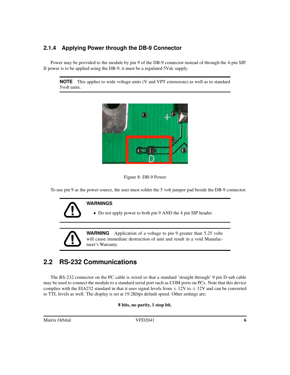 2 rs-232 communications | Matrix Orbital VFD2041 Legacy User Manual | Page 9 / 34