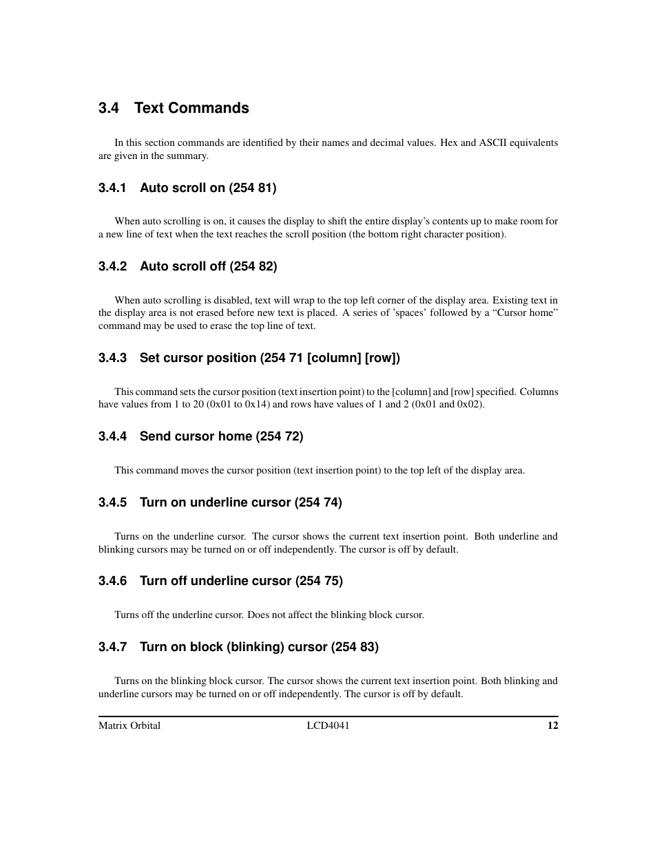 4 text commands | Matrix Orbital LCD/VFD Legacy User Manual | Page 15 / 34