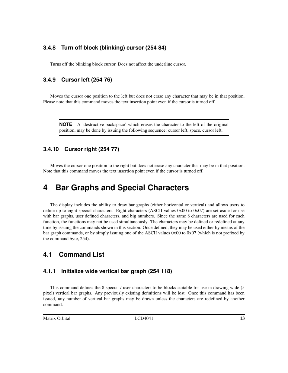 4 bar graphs and special characters, 1 command list | Matrix Orbital LCD/VFD Legacy User Manual | Page 16 / 34