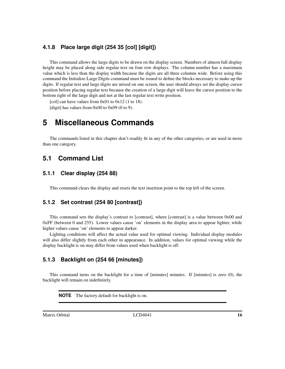 5 miscellaneous commands, 1 command list | Matrix Orbital LCD/VFD Legacy User Manual | Page 19 / 34