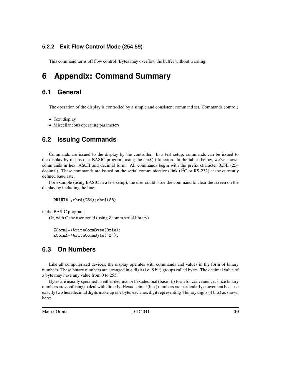 6 appendix: command summary, 1 general, 2 issuing commands | 3 on numbers | Matrix Orbital LCD/VFD Legacy User Manual | Page 23 / 34