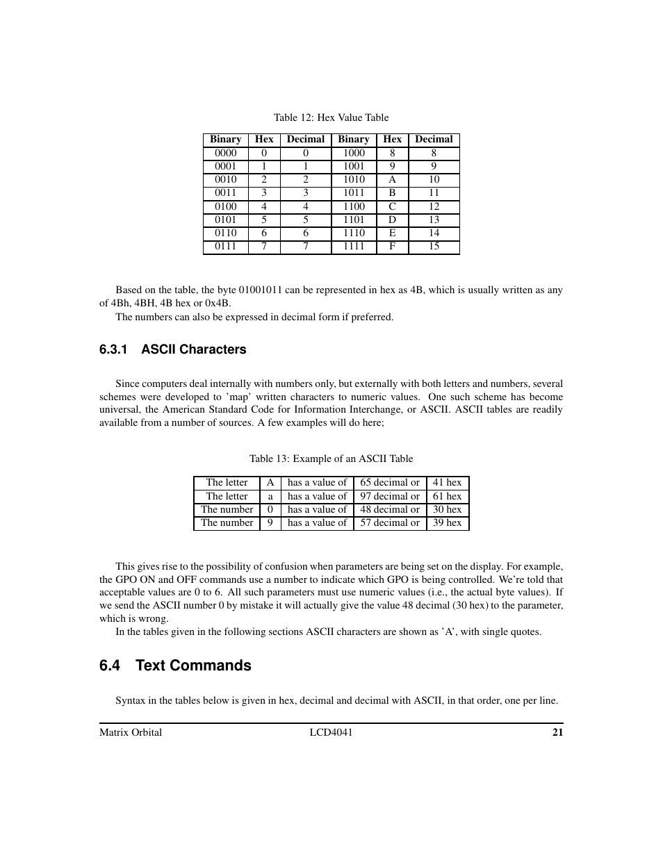 4 text commands | Matrix Orbital LCD/VFD Legacy User Manual | Page 24 / 34