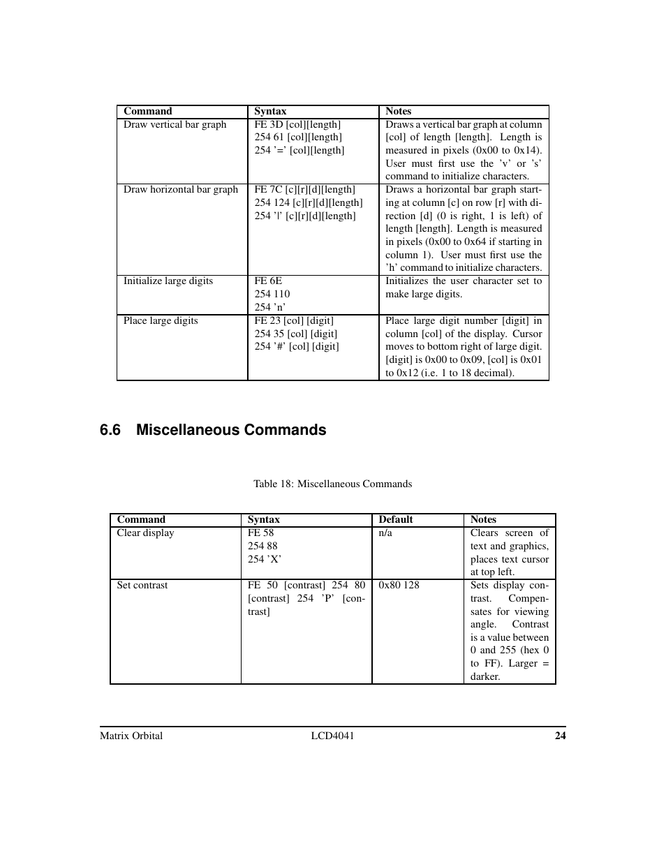 6 miscellaneous commands | Matrix Orbital LCD/VFD Legacy User Manual | Page 27 / 34