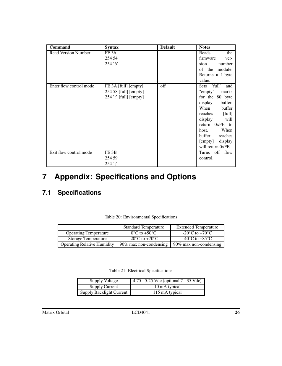 7 appendix: specifications and options, 1 specifications | Matrix Orbital LCD/VFD Legacy User Manual | Page 29 / 34