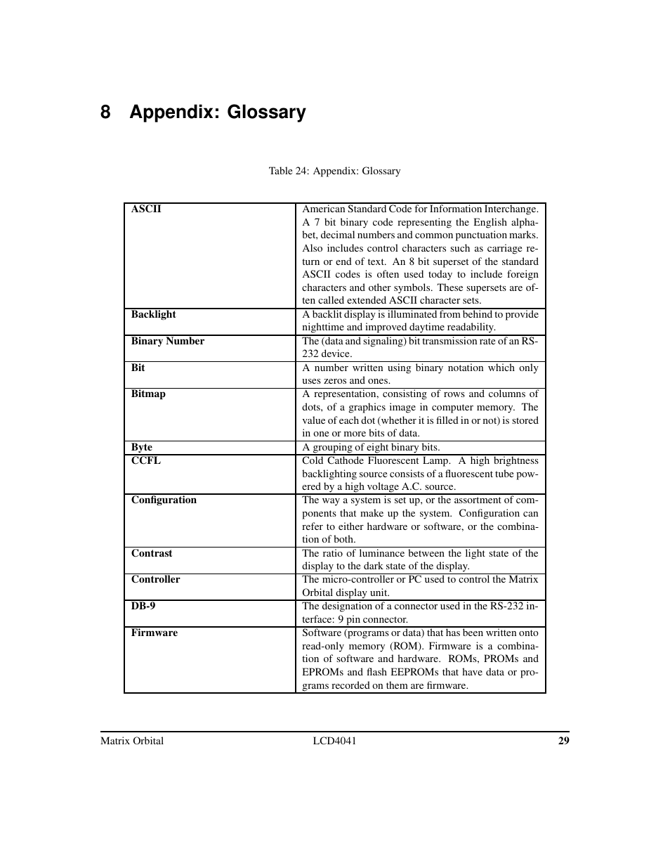 8 appendix: glossary | Matrix Orbital LCD/VFD Legacy User Manual | Page 32 / 34