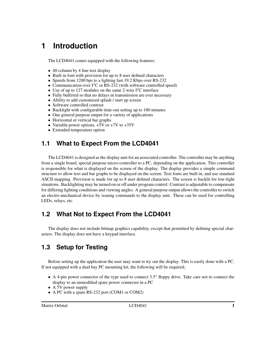 1 introduction, 3 setup for testing | Matrix Orbital LCD/VFD Legacy User Manual | Page 4 / 34