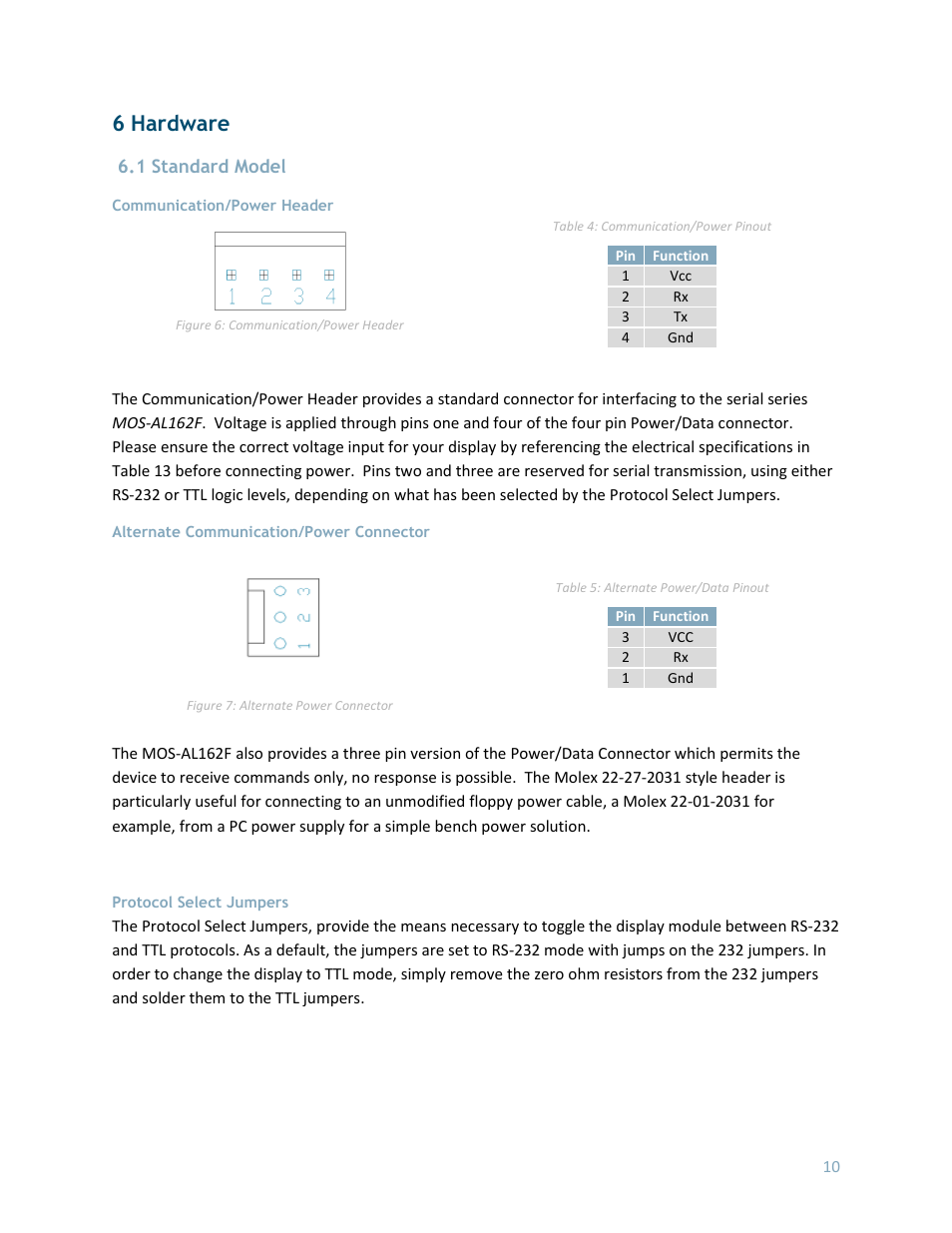 6 hardware, 1 standard model, Communication/power header | Alternate communication/power connector, Protocol select jumpers | Matrix Orbital MOS-AL162F User Manual | Page 10 / 27