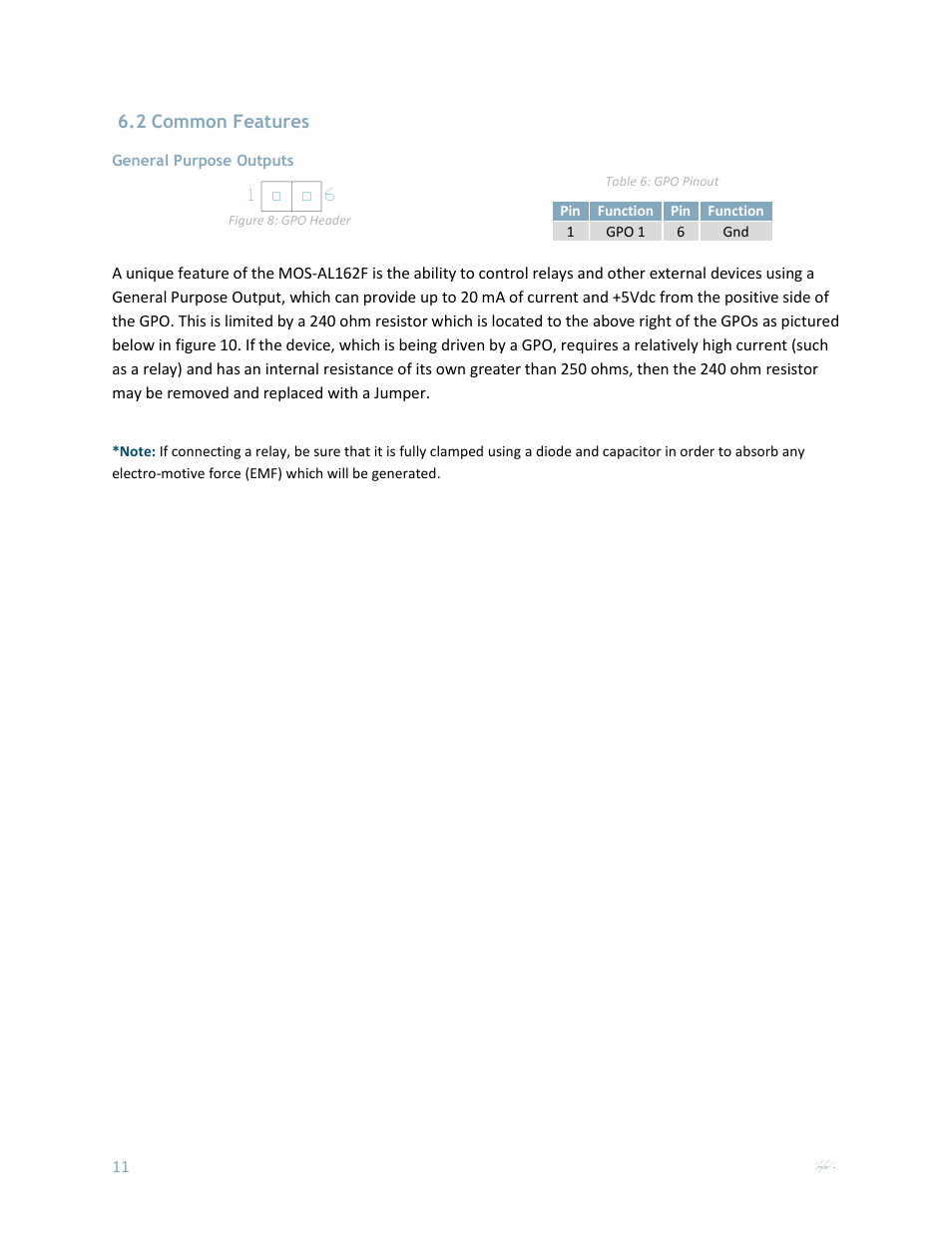 2 common features, General purpose outputs | Matrix Orbital MOS-AL162F User Manual | Page 11 / 27