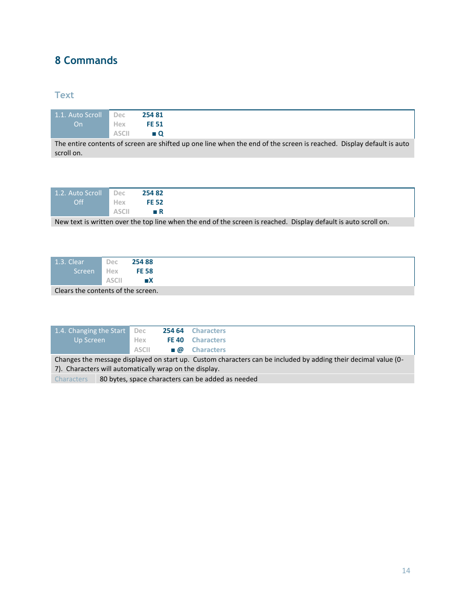 8 commands, Text | Matrix Orbital MOS-AL162F User Manual | Page 14 / 27