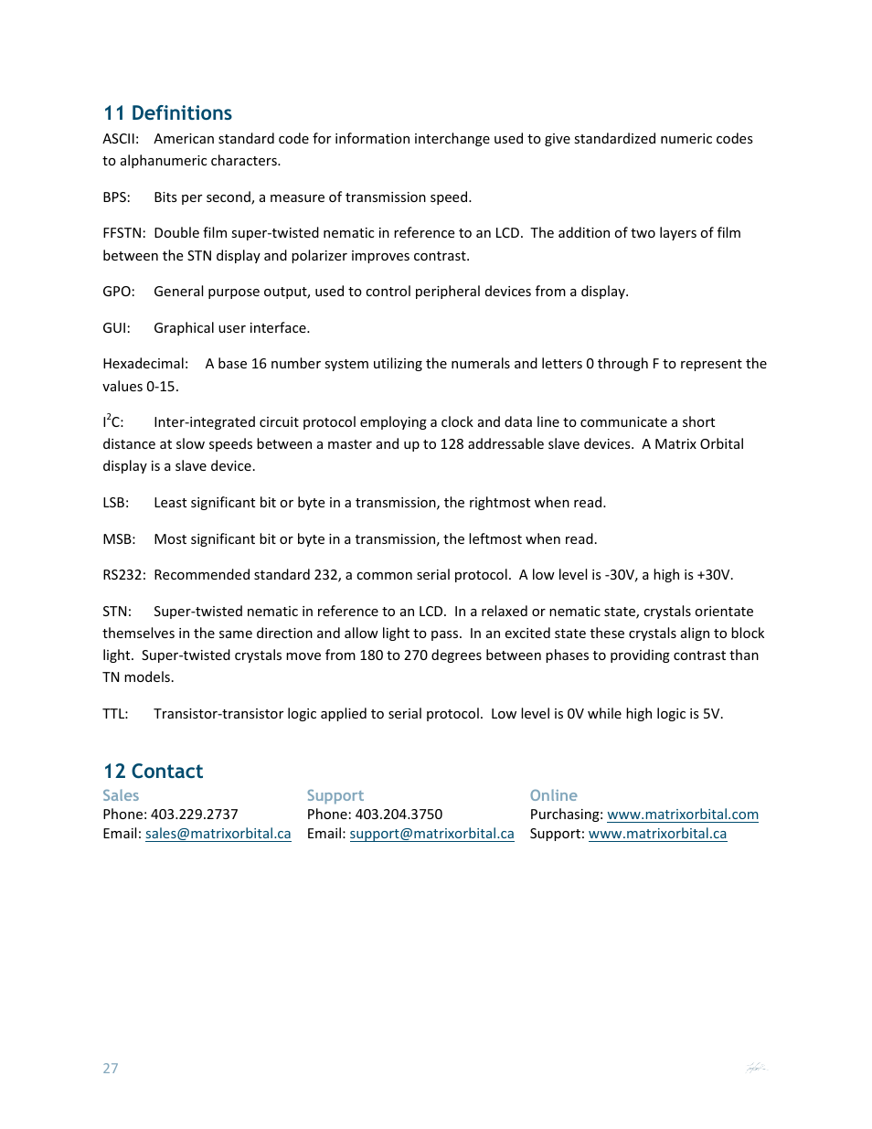 11 definitions, 12 contact | Matrix Orbital MOS-AL162F User Manual | Page 27 / 27