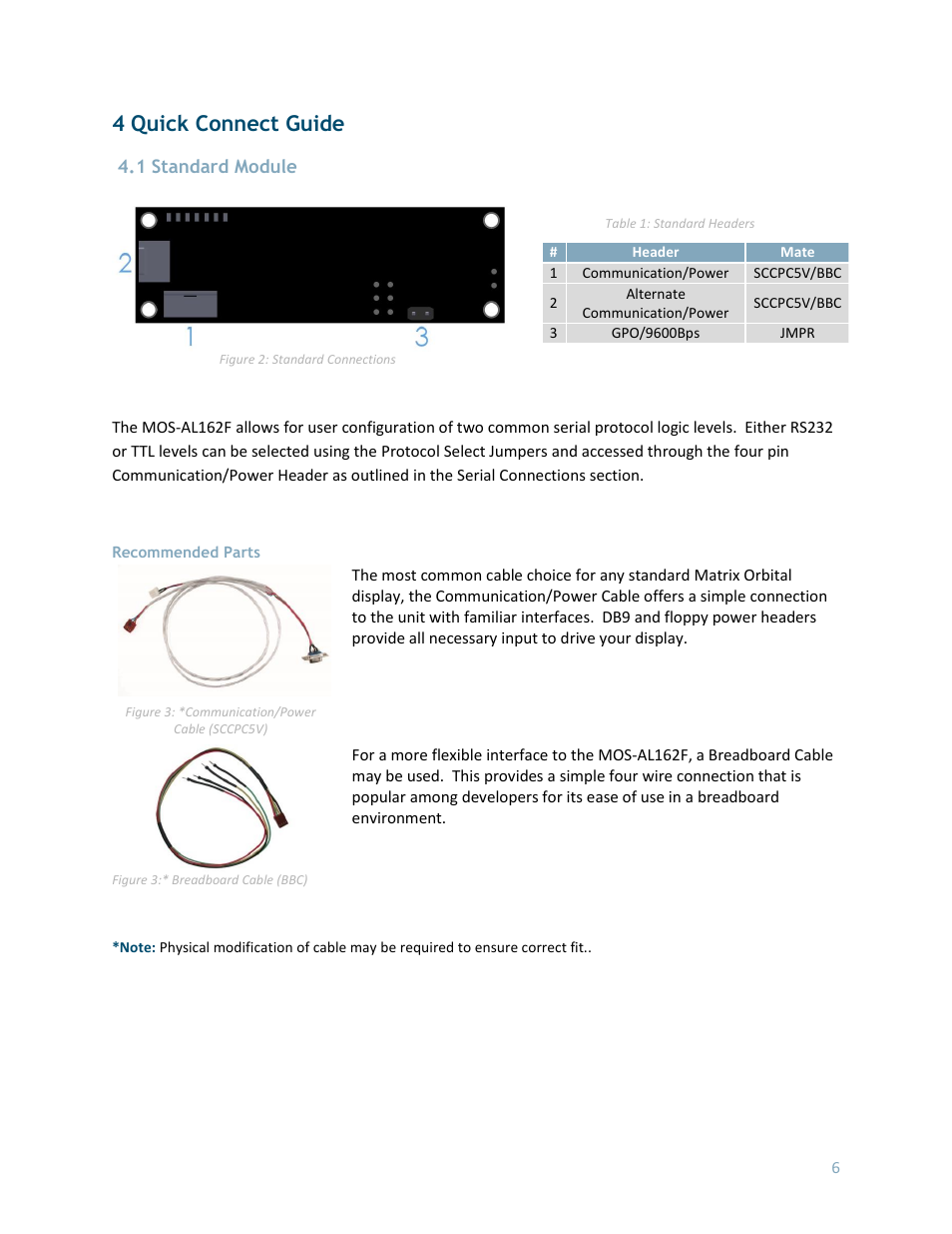 4 quick connect guide, 1 standard module, Recommended parts | Matrix Orbital MOS-AL162F User Manual | Page 6 / 27