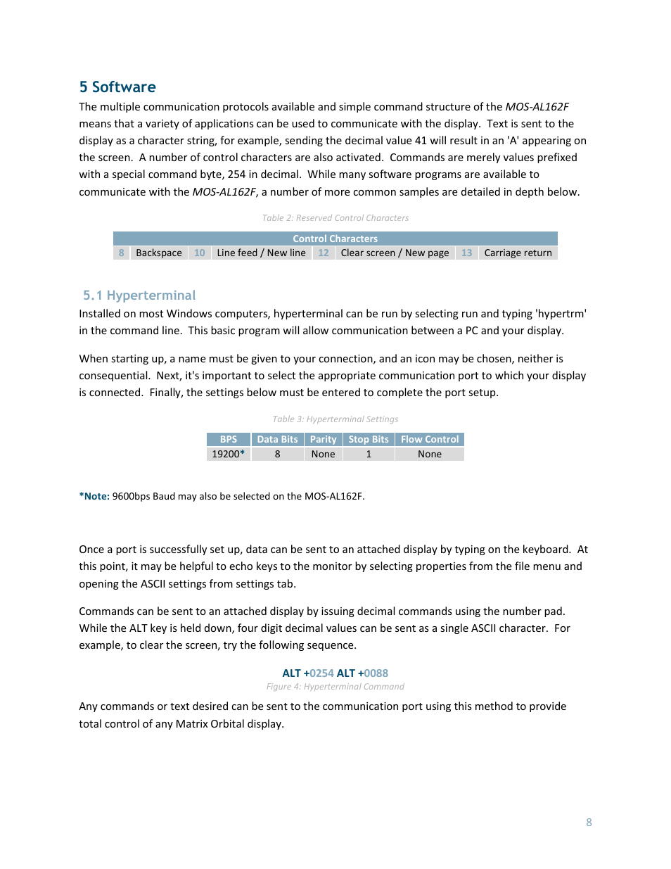 5 software, 1 hyperterminal | Matrix Orbital MOS-AL162F User Manual | Page 8 / 27