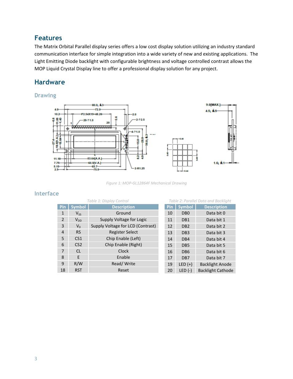 Features, Hardware, Drawing | Interface | Matrix Orbital MOP-GL12232B User Manual | Page 4 / 9