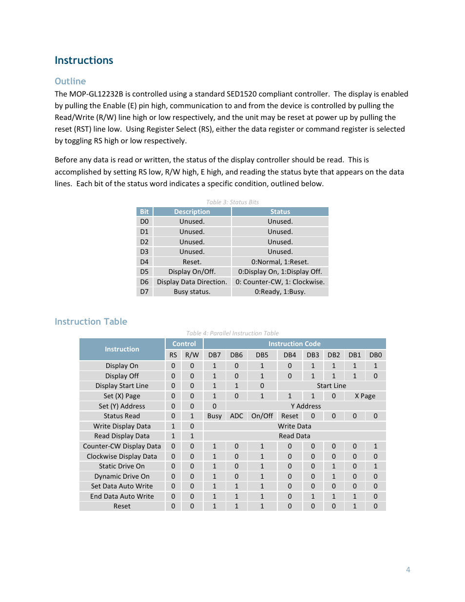Instructions, Outline, Instruction table | Matrix Orbital MOP-GL12232B User Manual | Page 5 / 9