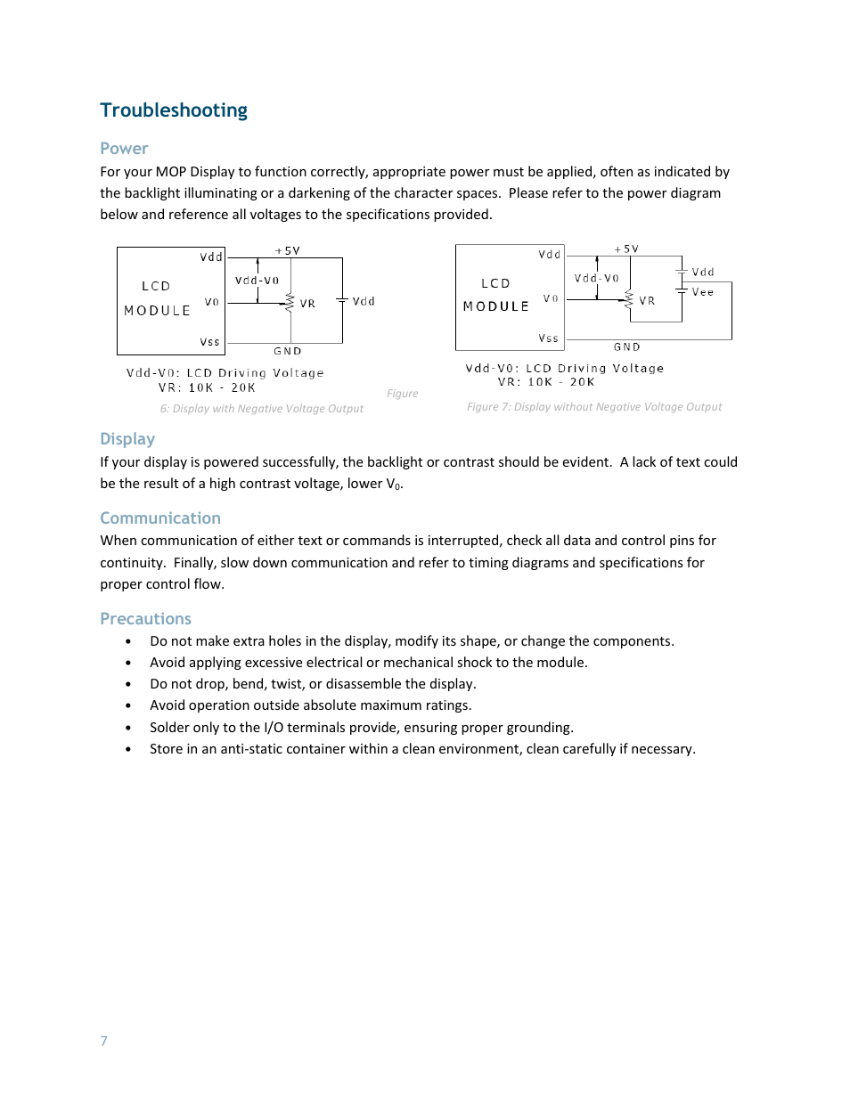 Troubleshooting, Power, Display | Communication, Precautions | Matrix Orbital MOP-GL12232B User Manual | Page 8 / 9