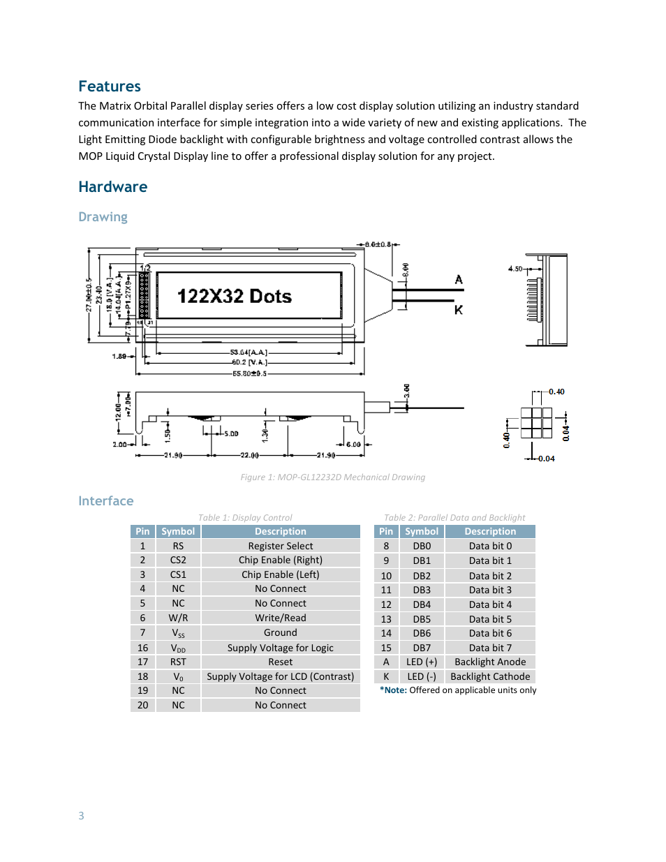 Features, Hardware, Drawing | Interface | Matrix Orbital MOP-GL12232D User Manual | Page 4 / 9