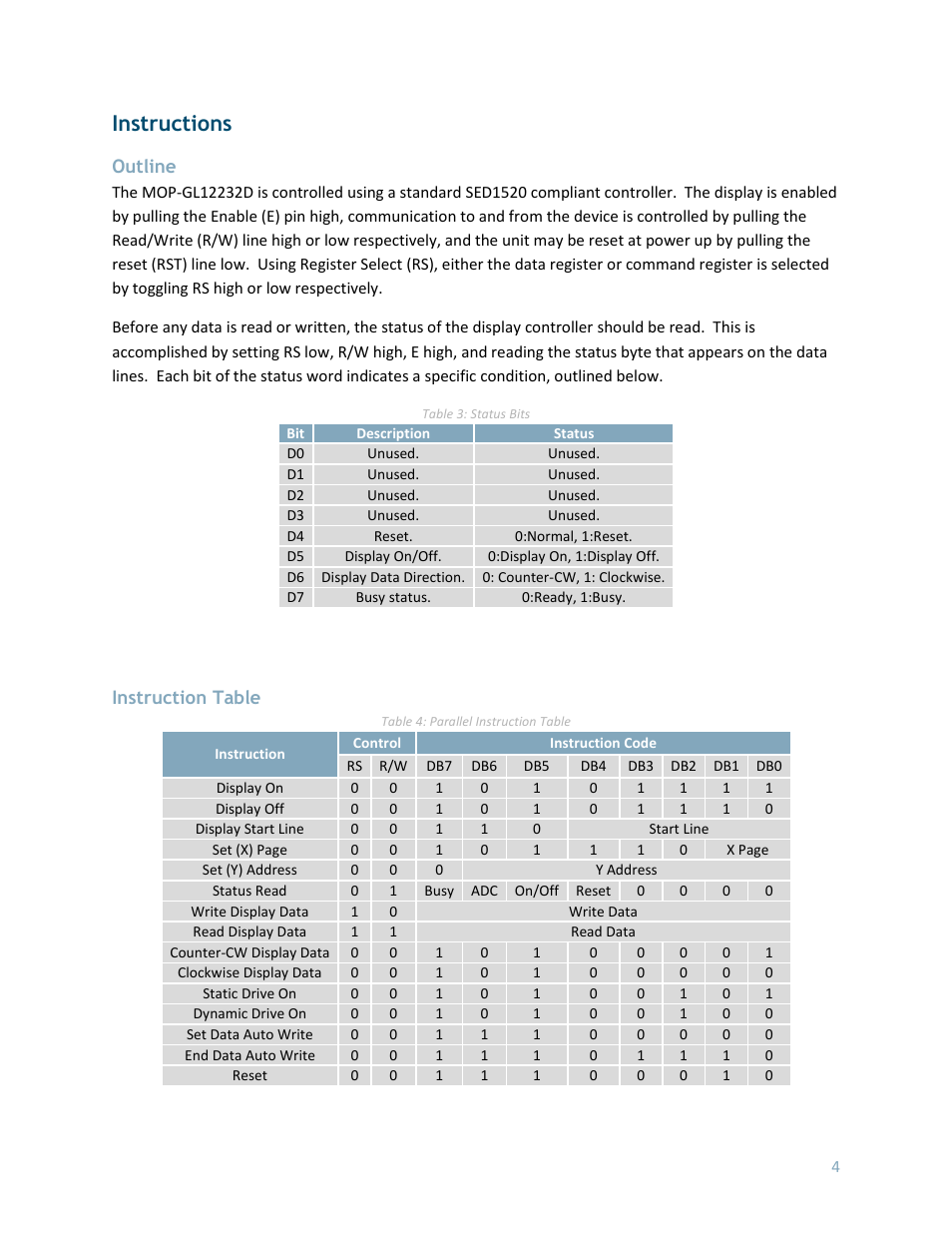 Instructions, Outline, Instruction table | Matrix Orbital MOP-GL12232D User Manual | Page 5 / 9