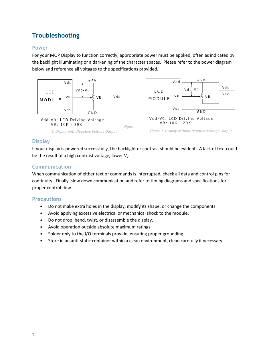 Troubleshooting, Power, Display | Communication, Precautions | Matrix Orbital MOP-GL12232D User Manual | Page 8 / 9