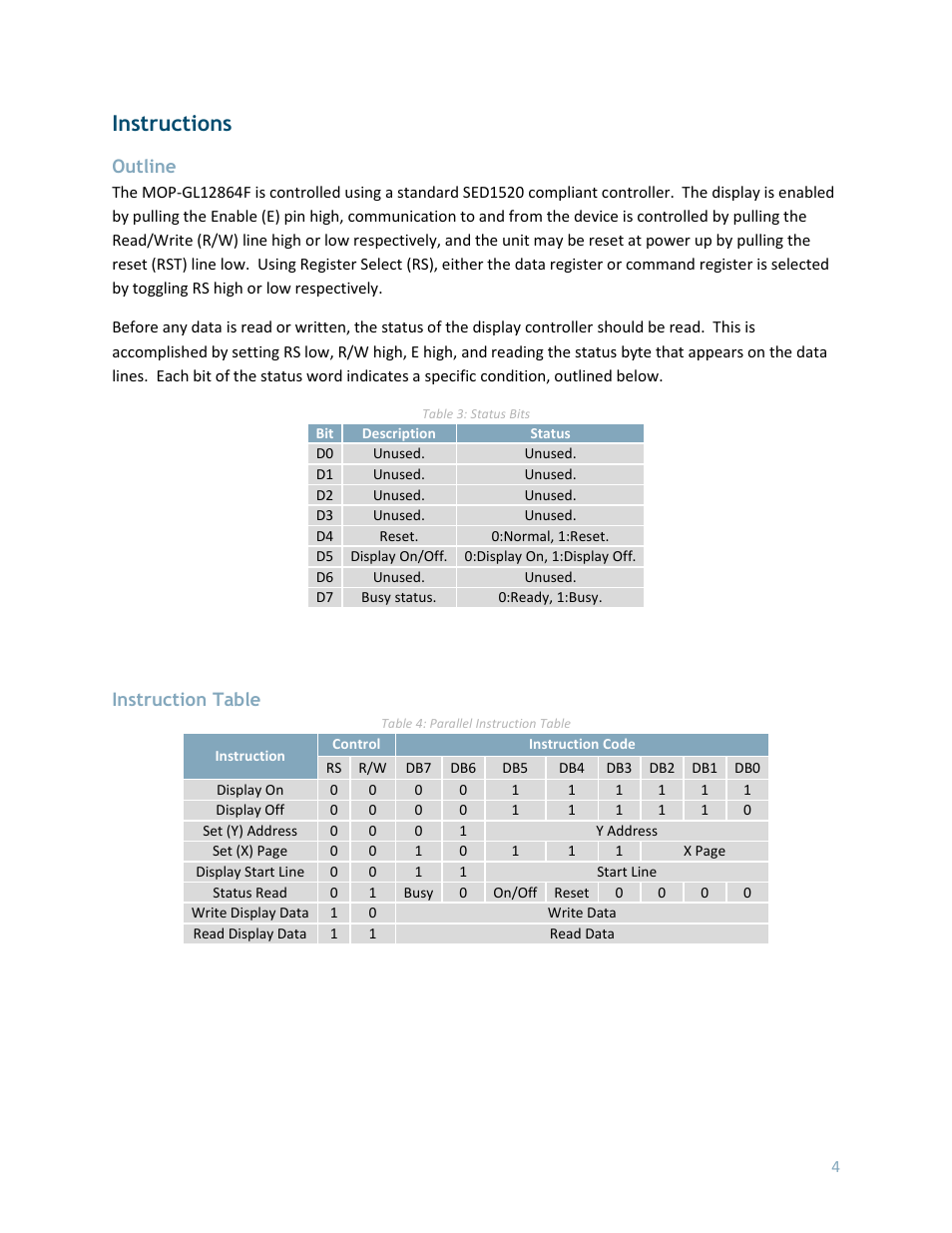 Instructions, Outline, Instruction table | Matrix Orbital MOP-GL12864F User Manual | Page 5 / 9