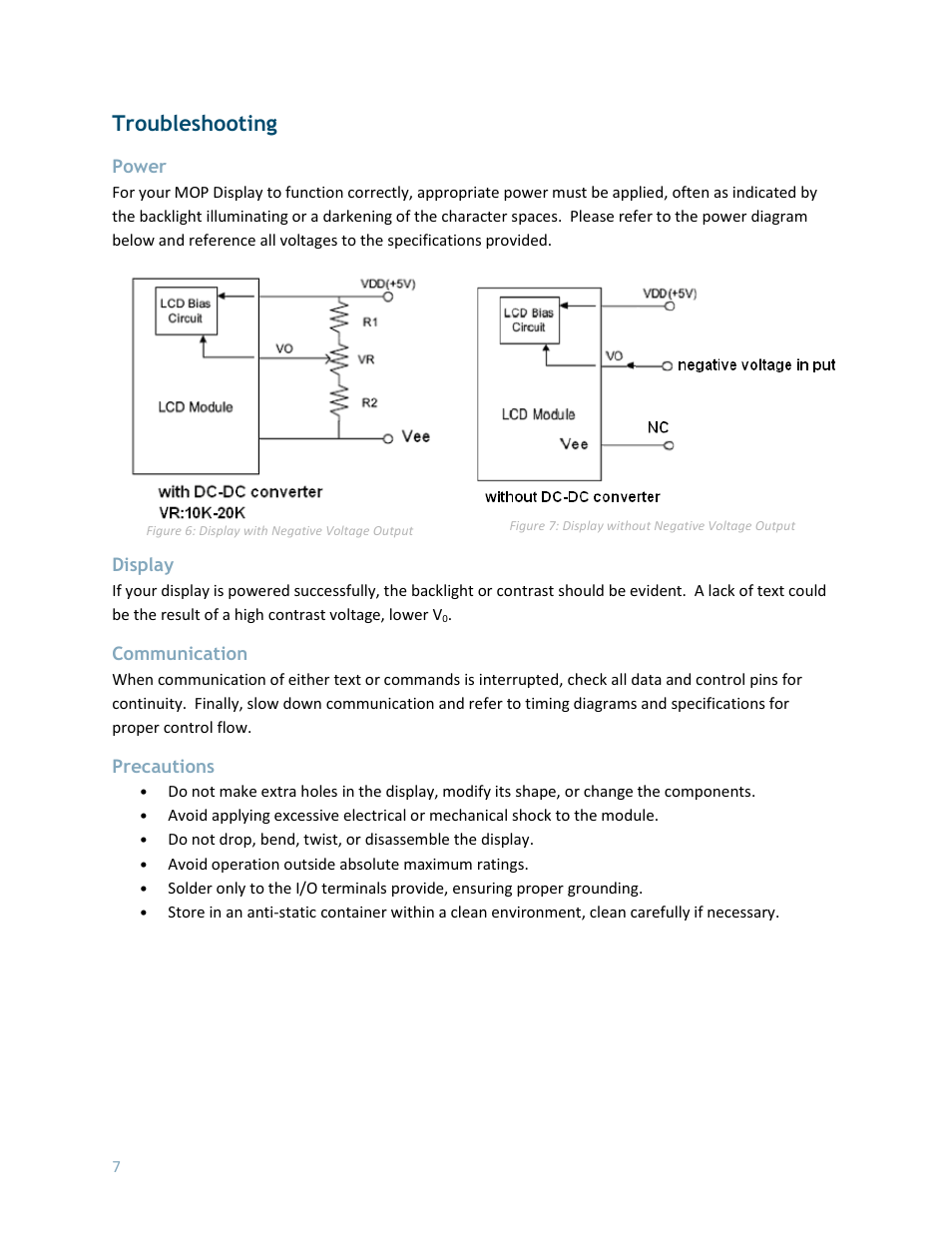 Troubleshooting, Power, Display | Communication, Precautions | Matrix Orbital MOP-GL12864F User Manual | Page 8 / 9