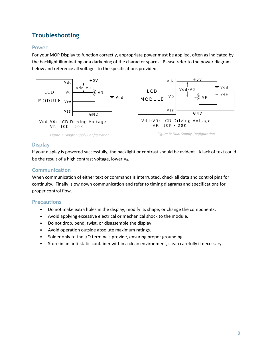 Troubleshooting, Power, Display | Communication, Precautions | Matrix Orbital MOP-GL24064A User Manual | Page 9 / 10