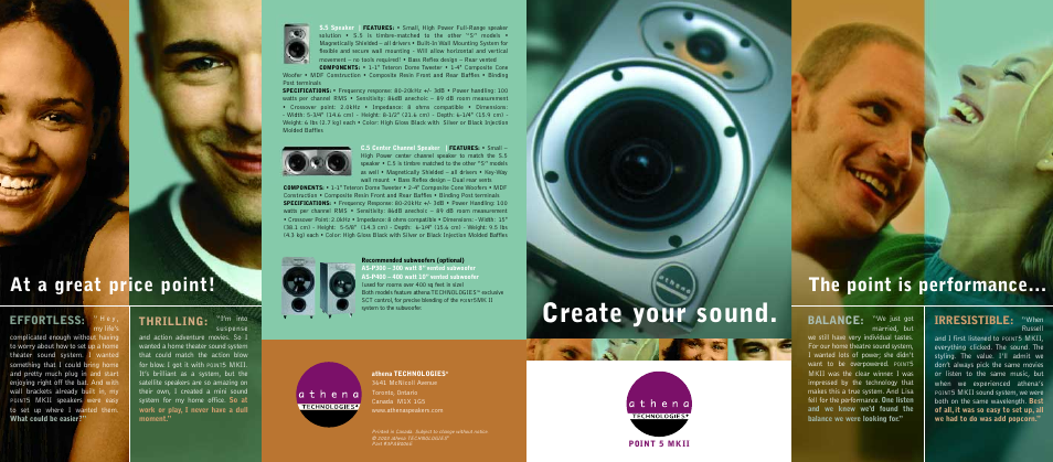 Create your sound, The point is performance… at a great price point, Effortless | Thrilling, Balance, Irresistible | Athena Technologies Athena C.5 User Manual | Page 4 / 8