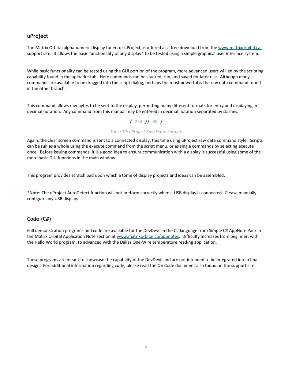 Uproject, Code (c#) | Matrix Orbital DD-DB1 LCD/VFD Dev Board User Manual | Page 11 / 47