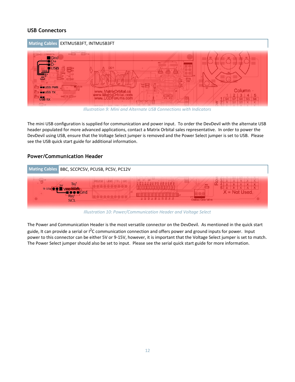 Usb connectors, Power/communication header | Matrix Orbital DD-DB1 LCD/VFD Dev Board User Manual | Page 14 / 47