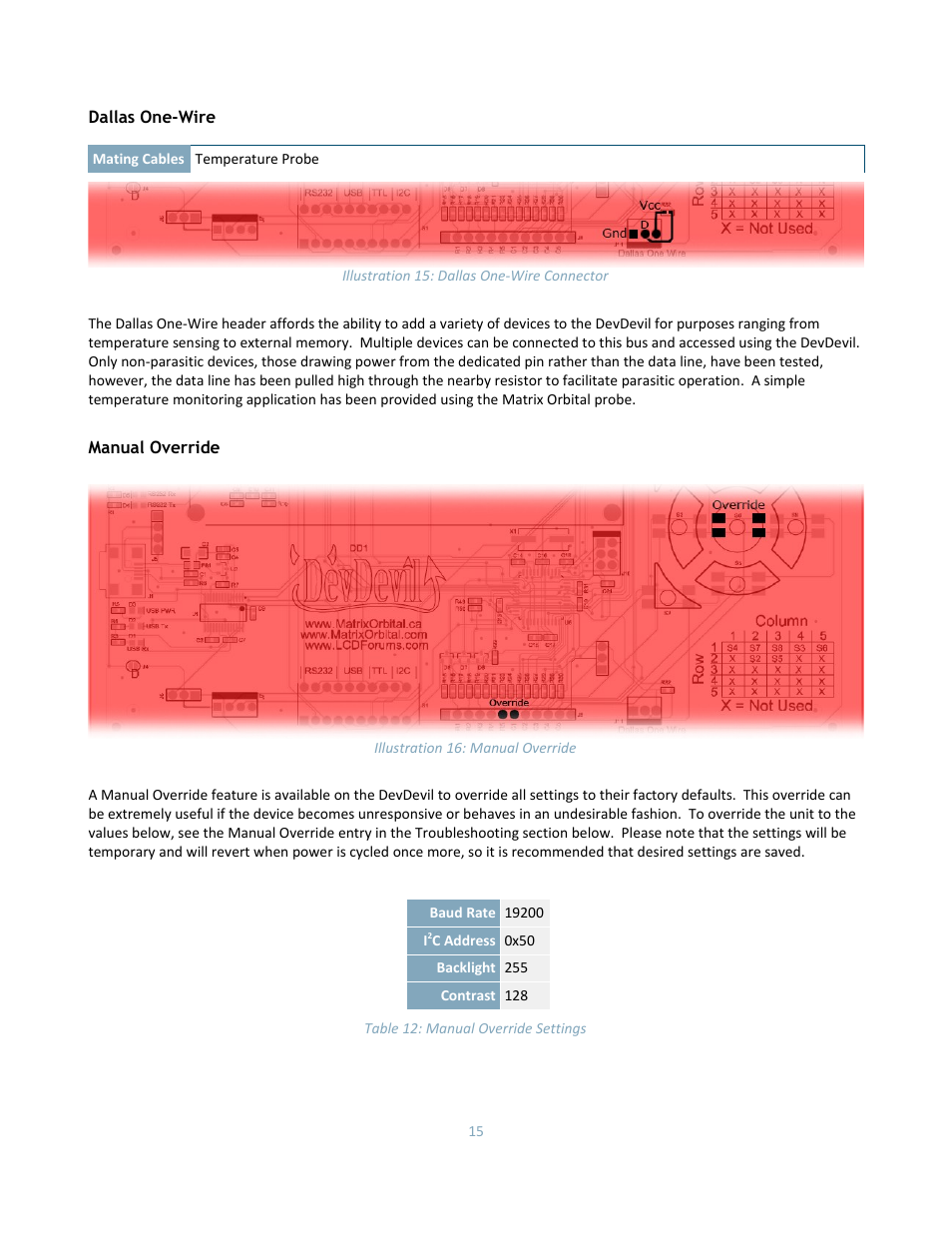 Dallas one-wire, Manual override | Matrix Orbital DD-DB1 LCD/VFD Dev Board User Manual | Page 17 / 47