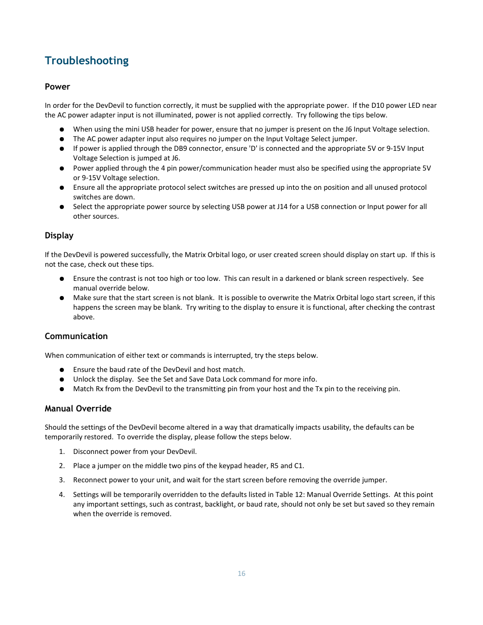 Troubleshooting, Power, Display | Communication, Manual override | Matrix Orbital DD-DB1 LCD/VFD Dev Board User Manual | Page 18 / 47
