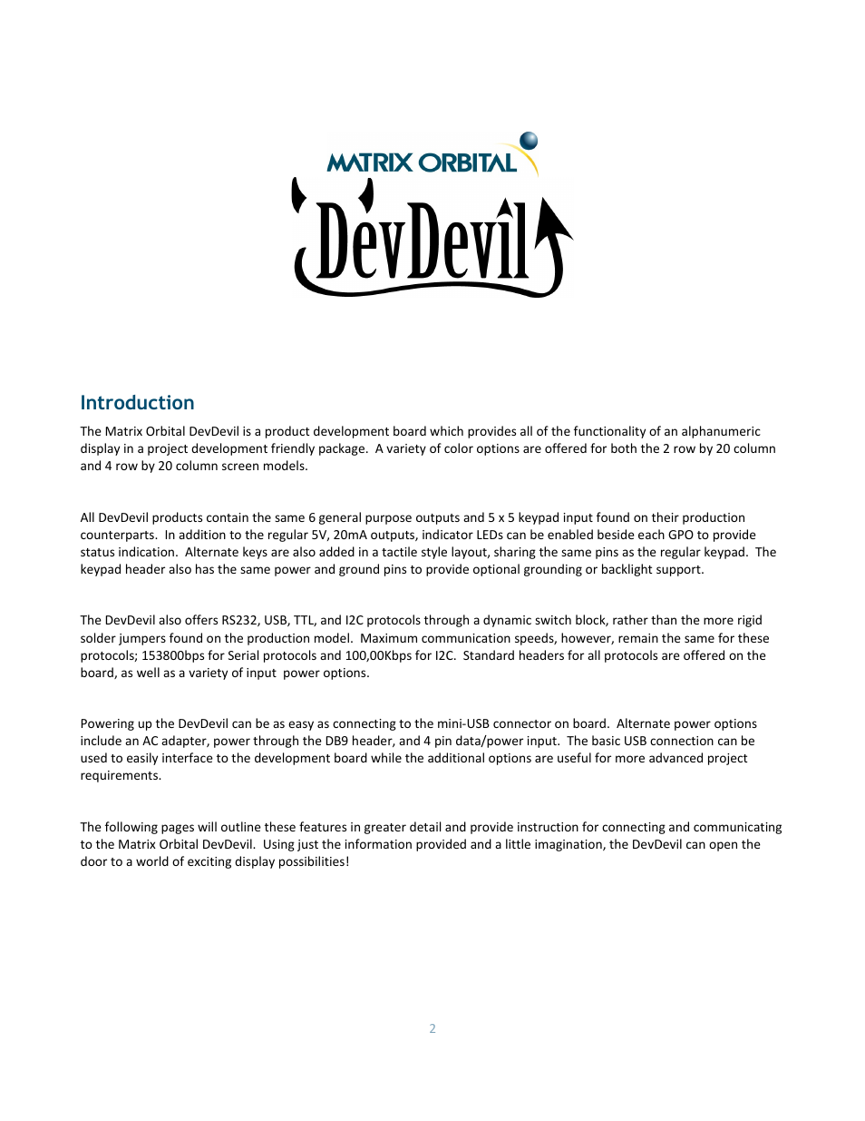 Introduction | Matrix Orbital DD-DB1 LCD/VFD Dev Board User Manual | Page 4 / 47