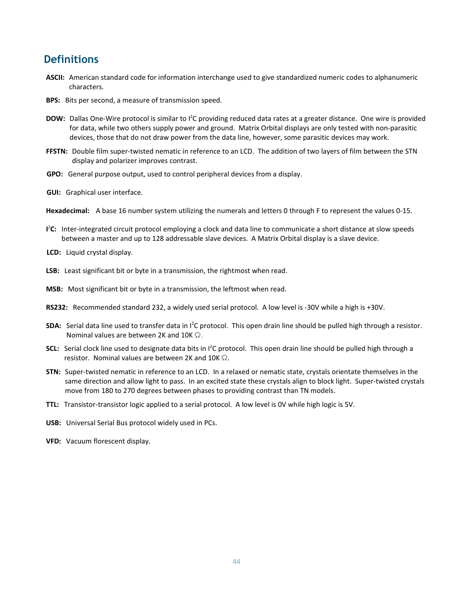 Definitions | Matrix Orbital DD-DB1 LCD/VFD Dev Board User Manual | Page 46 / 47