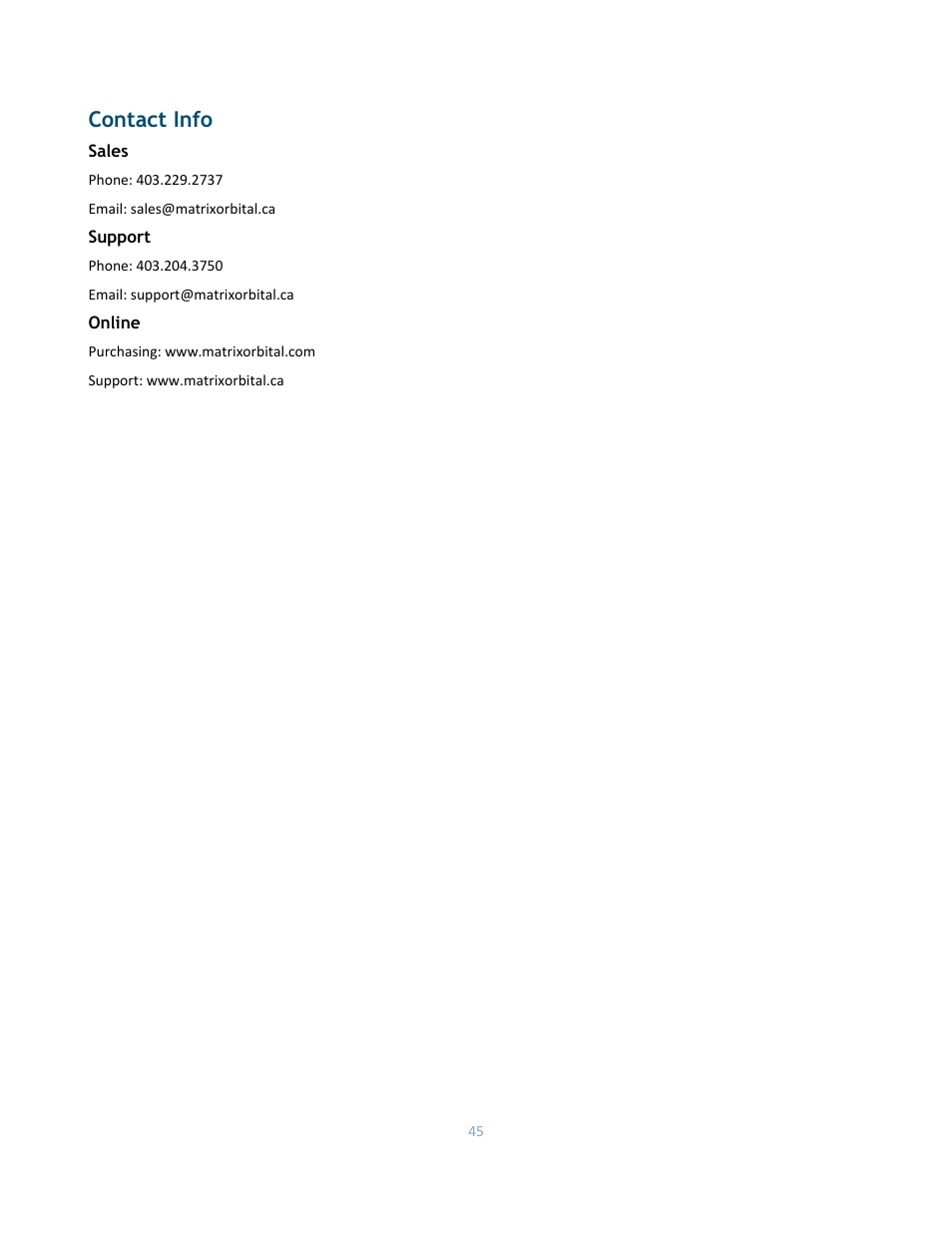Contact info | Matrix Orbital DD-DB1 LCD/VFD Dev Board User Manual | Page 47 / 47