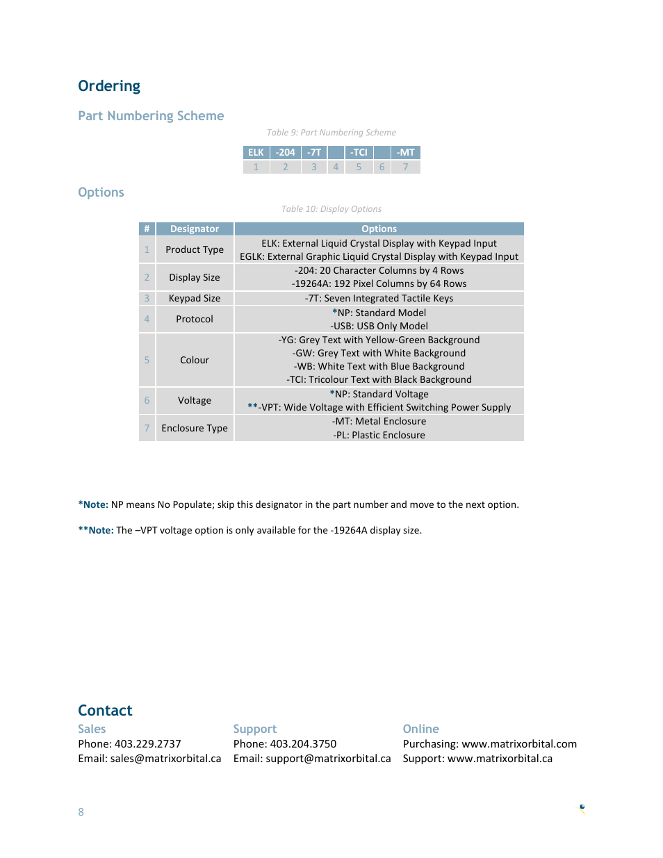 Ordering, Part numbering scheme, Options | Contact | Matrix Orbital EGLK19264A-7T User Manual | Page 11 / 11