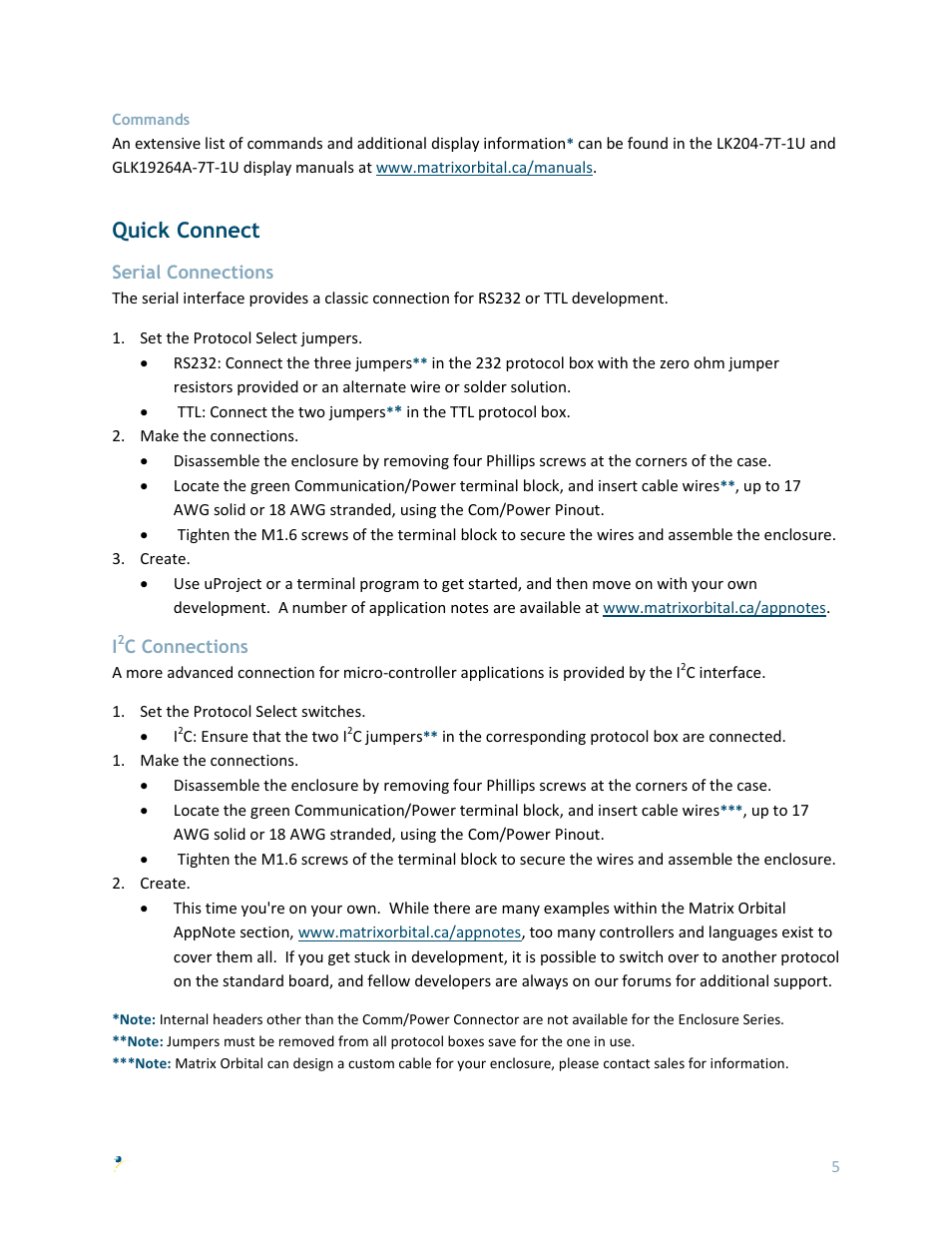 Commands, Quick connect, Serial connections | I2c connections, C connections | Matrix Orbital EGLK19264A-7T User Manual | Page 8 / 11