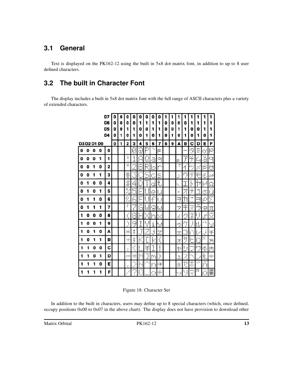 1 general, 2 the built in character font | Matrix Orbital PK162-12 User Manual | Page 17 / 44