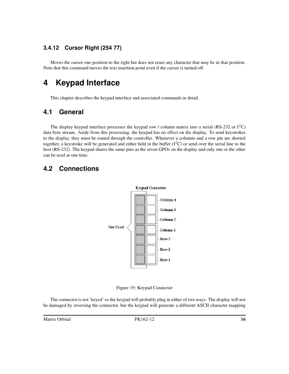 4 keypad interface, 1 general, 2 connections | Matrix Orbital PK162-12 User Manual | Page 20 / 44