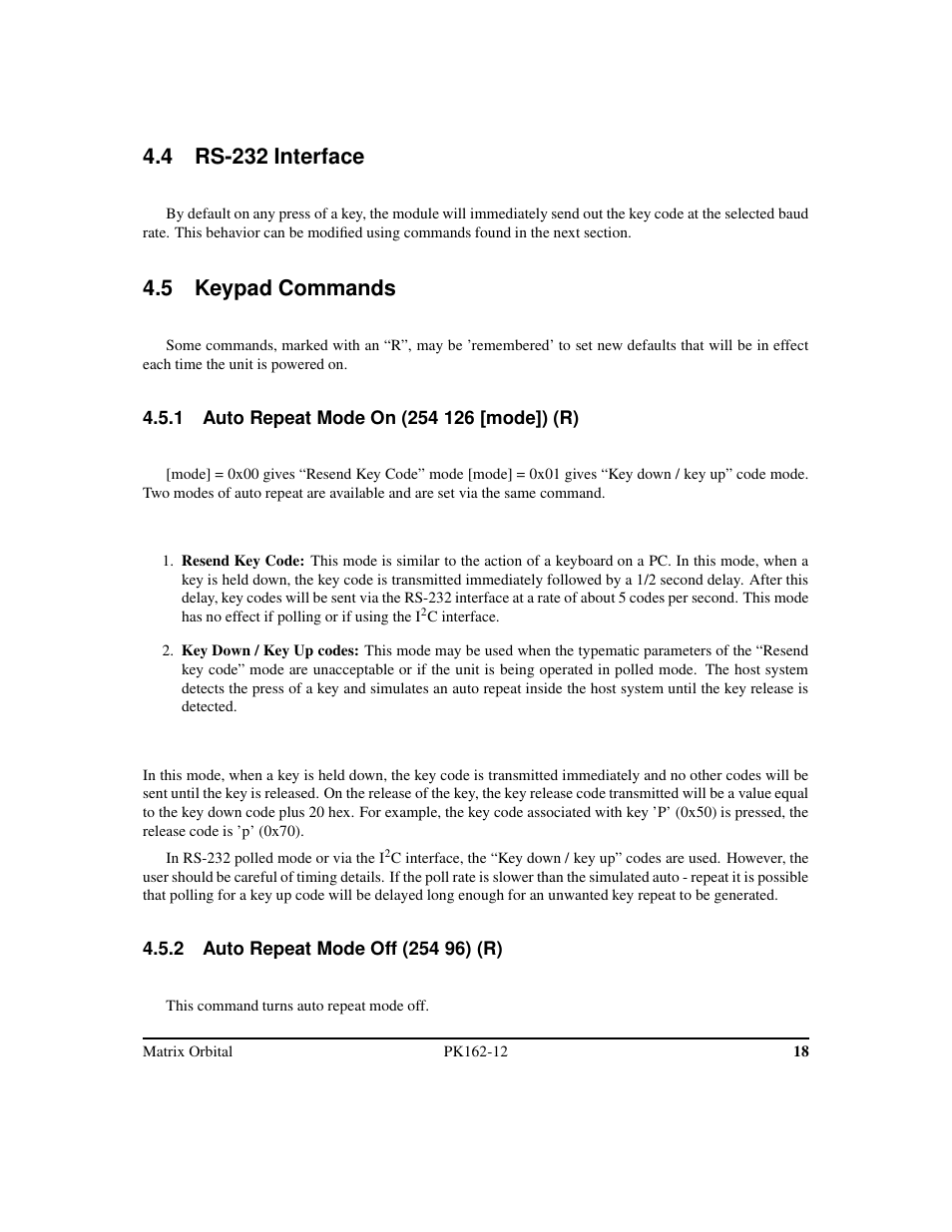 4 rs-232 interface, 5 keypad commands | Matrix Orbital PK162-12 User Manual | Page 22 / 44