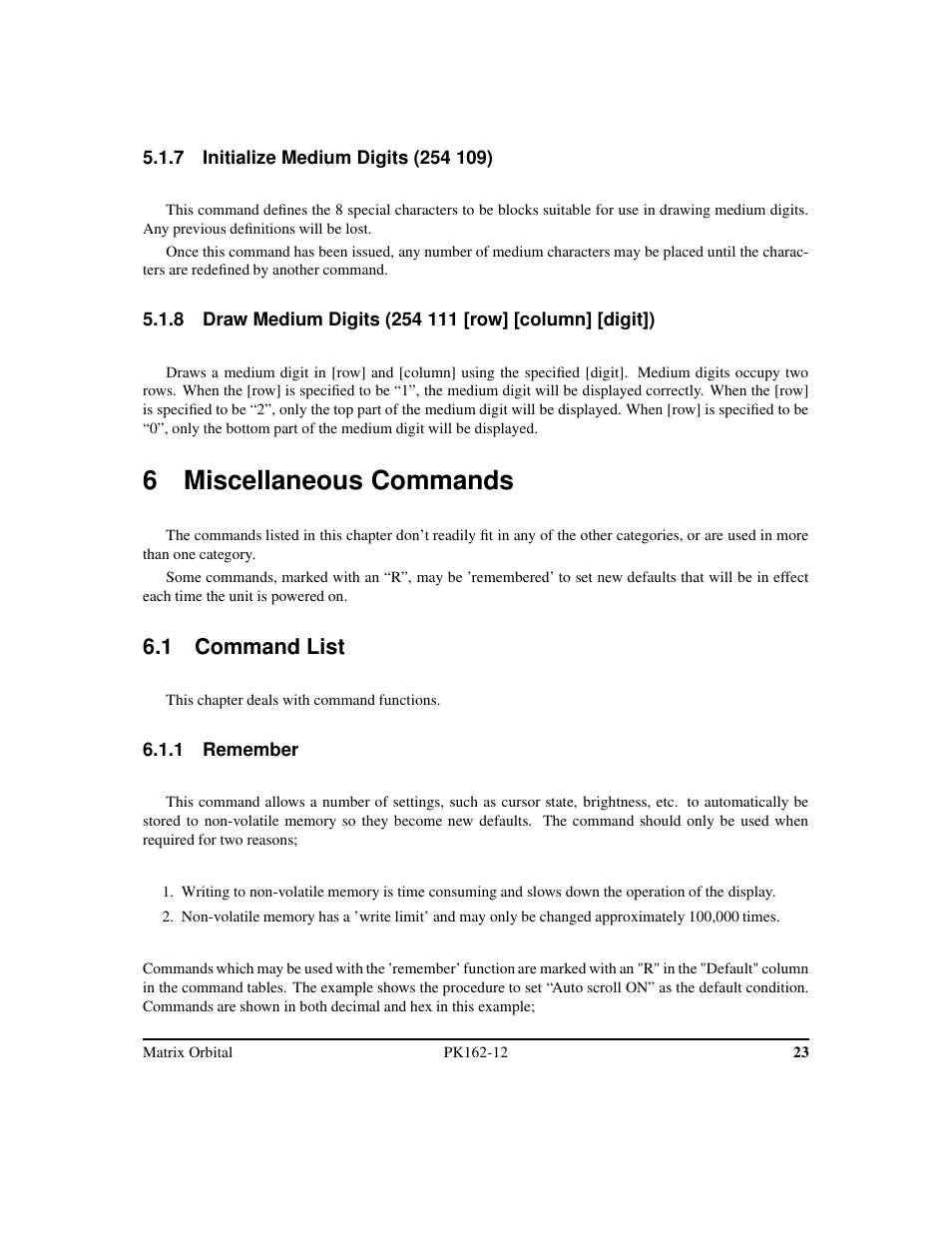 6 miscellaneous commands, 1 command list | Matrix Orbital PK162-12 User Manual | Page 27 / 44