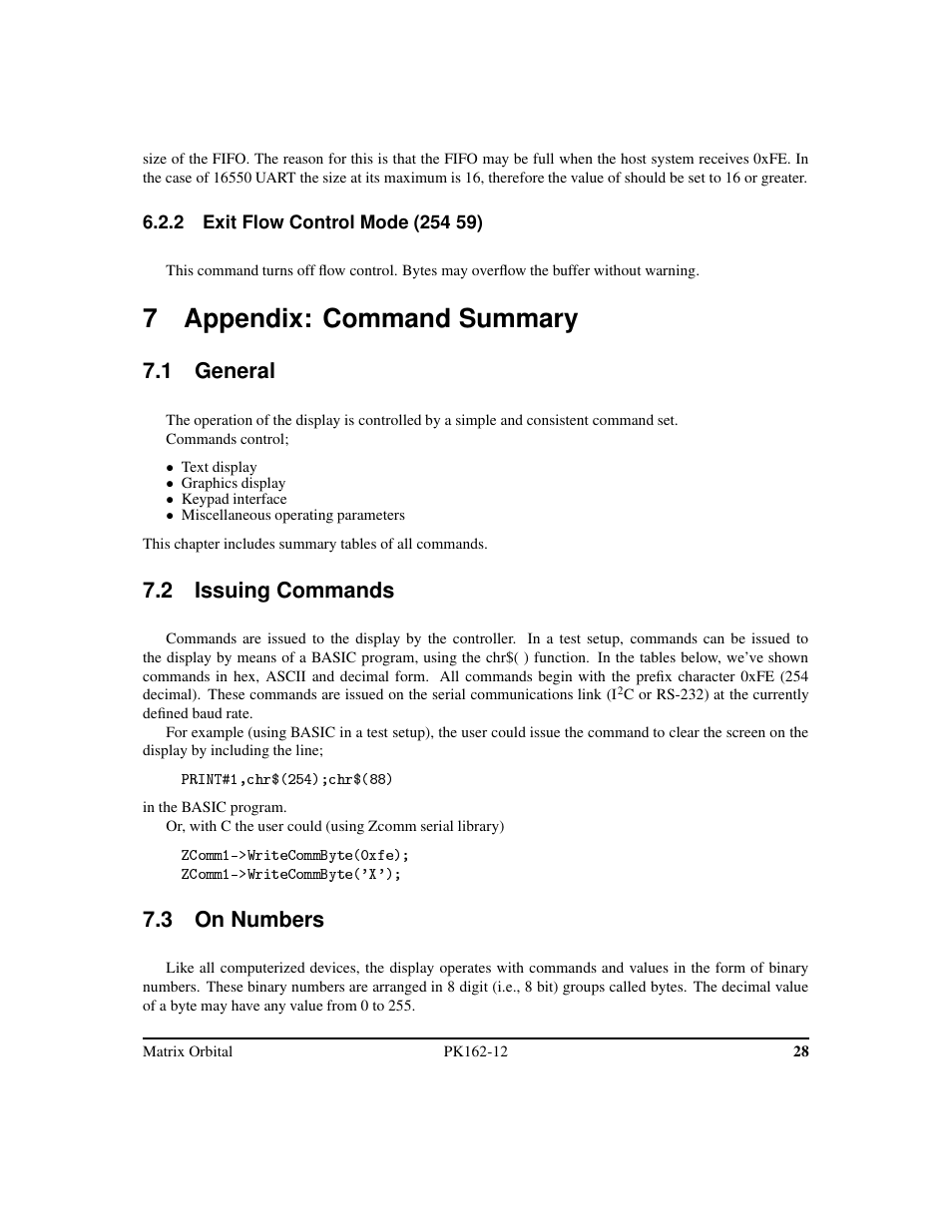 7 appendix: command summary, 1 general, 2 issuing commands | 3 on numbers | Matrix Orbital PK162-12 User Manual | Page 32 / 44