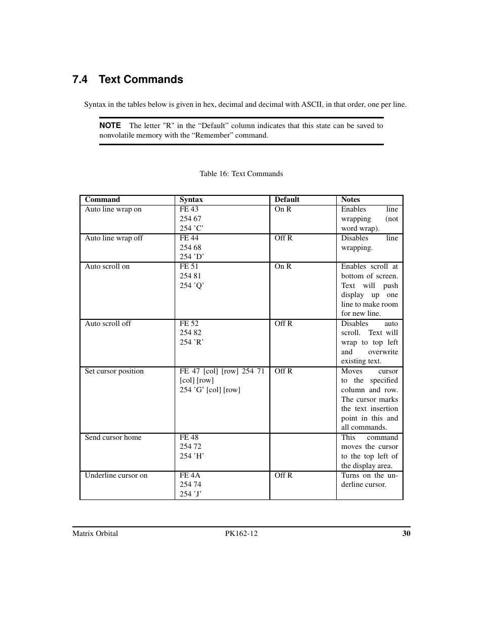 4 text commands | Matrix Orbital PK162-12 User Manual | Page 34 / 44