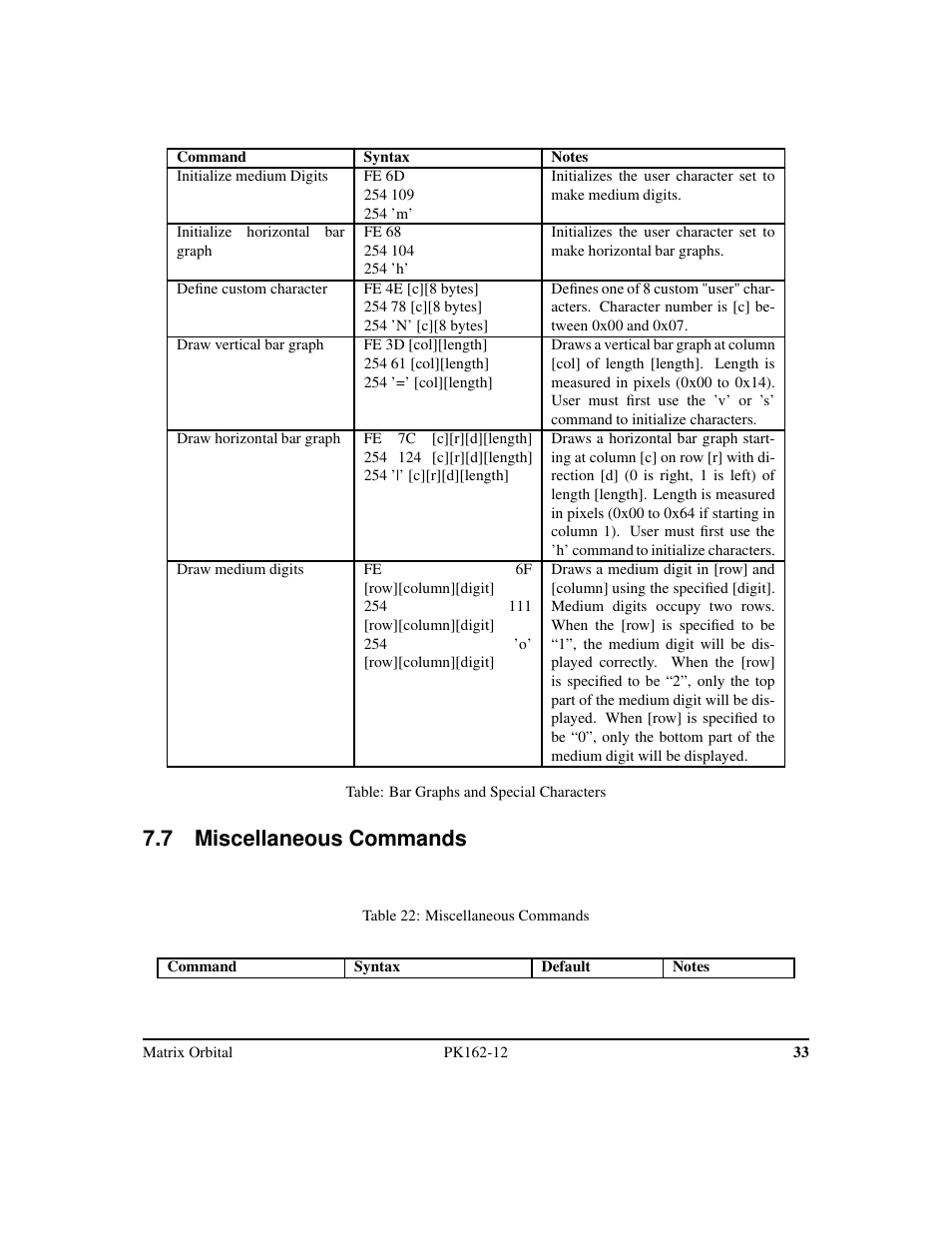 7 miscellaneous commands | Matrix Orbital PK162-12 User Manual | Page 37 / 44